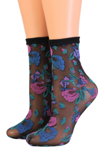 Женские тонкие фантазийные носки чёрного цвета с ярким цветочным узором GIOVANNA | Sokisahtel