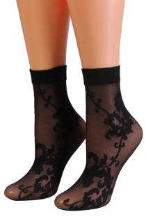 Женские тонкие фантазийные носки чёрного цвета с нежным кружевным узором GOLDEN | Sokisahtel