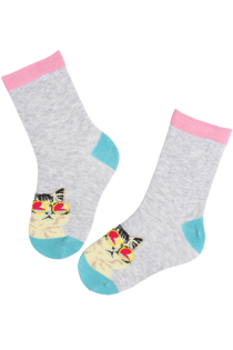 Gray children's socks with a cat design on the heel and pink details
