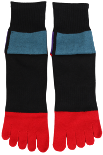 Black men's toe socks with individual toe compartments, featuring red and blue details