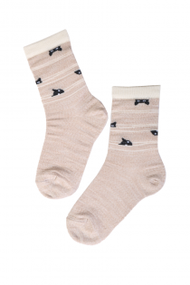 Детские носки бежевого цвета из мериносовой шерсти с кошачьими мордочками HIDDEN CAT | Sokisahtel