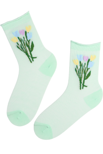 Мятно-зелёные хлопковые носки с цветочным узором HILDA | Sokisahtel