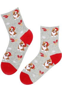 HOLIDAY gray cotton Christmas socks with corgis | Sokisahtel