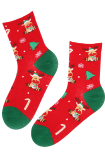Хлопковые носки красного цвета в новогодней тематике с оленем Рудольфом HOLIDAY | Sokisahtel