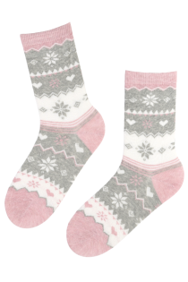 LAPLAND gray-pink colorful cotton socks with winter motifs | Sokisahtel