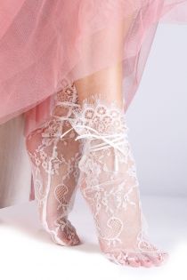 Женские элегантные кружевные носки белого цвета с атласной лентой JANELI | Sokisahtel