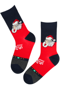 JENSEN dark blue men's socks with Santa Claus and "Merry Christmas" text.
