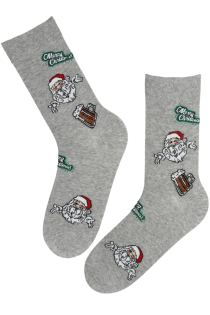 Grey men's socks featuring Santa Claus and gift bag patterns.