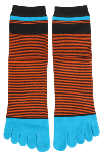 Men's orange striped toe socks, appear soft and comfortable