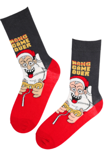 Men's knee-high socks with a black shaft, featuring red base with a cartoon-style Santa Claus playing video games and the phrase 'HANG GAME OVER'.