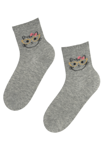 Хлопковые носки серого цвета с изображением милых кошачьих мордочек с очками и бантиком CAT GIRL | Sokisahtel