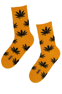 Мужские хлопковые носки горчично-жёлтого цвета с изображением чёрных листьев LEAF | Sokisahtel