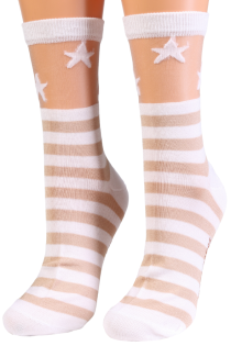 Фантазийные носки бежевого цвета с узором в полоску и тюлевой вставкой KIMBERLY | Sokisahtel