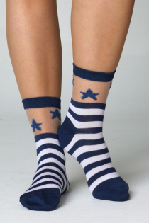 Фантазийные носки синего цвета с узором в полоску и тюлевой вставкой KIMBERLY | Sokisahtel