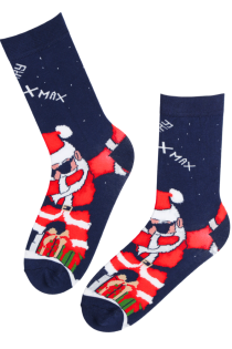 Blue cotton socks with a pattern of Santa Claus and gifts, labeled 'Xmas'.
