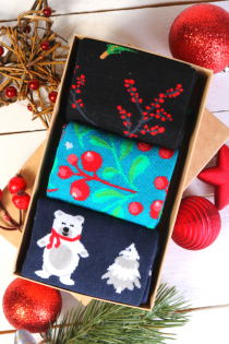 Праздничный подарочный набор из 3 пар ярких и красочных хлопковых носков в зимней тематике для мужчин и женщин LINGONBERRY | Sokisahtel