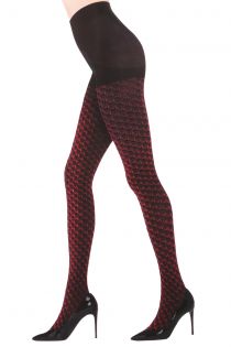 Женские фантазийные колготки с узором бордового цвета на черном фоне LOGO от Pierre Mantoux | Sokisahtel