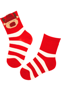 Red striped Christmas socks for children with a reindeer motif.