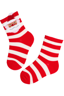 Red and white striped children's socks with a Santa Claus figure.