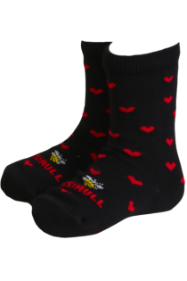 Black cotton socks for babies featuring red hearts and the yellow text 'MUSIRULL'.