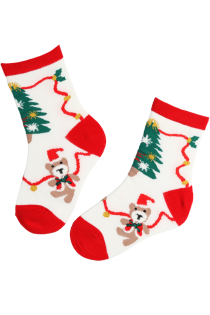 White children's Christmas socks with red heels and toes, decorated with bears and Christmas trees.