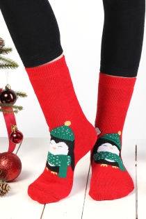 Детские хлопковые носки красного цвета в рождественской тематике с пингвинами NOEL | Sokisahtel