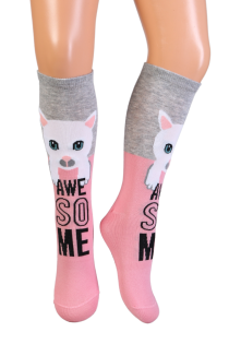 NOVA pink cotton knee-highs with cats for kids | Sokisahtel