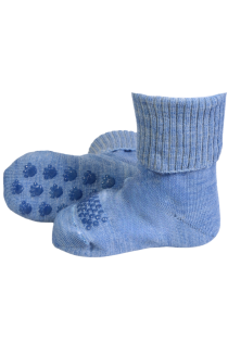 Blue woolen baby socks with non-slip dots.