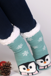 Теплые домашние носки бирюзового цвета с узором в зимних мотивах, изображением пингвинов и нескользящей подошвой PAOLA | Sokisahtel