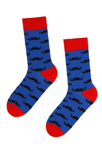 Мужские элегантные хлопковые носки синего цвета с изображением джентльменских усов чёрного цвета PELLE | Sokisahtel
