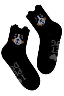 Хлопковые носки чёрного цвета с изображением мордочки весёлого пёсика с торчащими ушками и надписью PET DOG | Sokisahtel