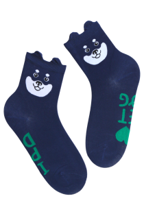 Хлопковые носки синего цвета с изображением мордочки весёлого пёсика с торчащими ушками и надписью PET DOG | Sokisahtel