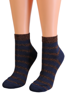 Женские блестящие носки тёмно-синего цвета с узором в бронзовую полоску FAIR от Pierre Mantoux | Sokisahtel