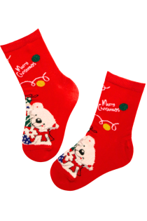 Red children's Christmas socks featuring a bear and 'Merry Christmas' text.