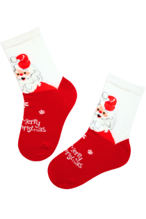 Red Christmas-themed children's socks with Santa designs and 'Merry Christmas' text.