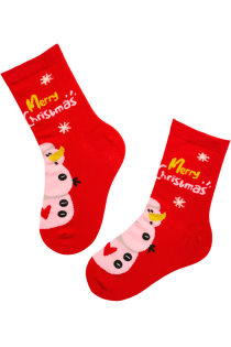 Red children's Christmas socks with a snowman and 'Merry Christmas' text