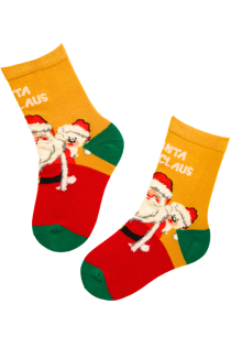 PINE Christmas socks for children featuring Santa Claus. The socks are in a combination of yellow, green, and red colors with the text 'Santa Claus'.