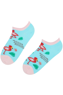 Укороченные хлопковые носки голубого цвета с изображением ярких розовых фламинго PINK FLAMINGO | Sokisahtel