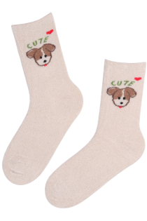 Мягкие тёплые носки кремово-белого цвета с милыми собачками PONS | Sokisahtel
