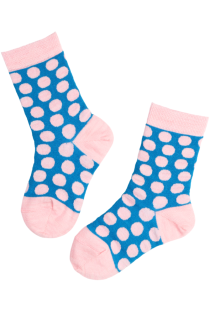 Blue polka-dot merino wool socks for children with pink toes and cuffs.