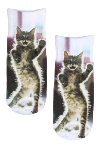 White cotton knee-high socks for children with a cat print.