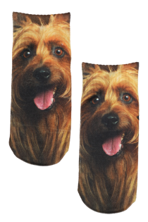 Children's socks with a vivid dog print, detailed and colorful design.