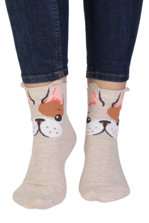 Хлопковые носки бежевого цвета с изображением весёлого пёсика с торчащими ушками REX | Sokisahtel