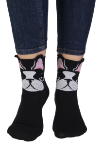 Хлопковые носки чёрного цвета с изображением весёлого пёсика с торчащими ушками REX | Sokisahtel