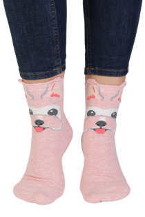 Хлопковые носки розового цвета с изображением весёлого пёсика с торчащими ушками REX | Sokisahtel