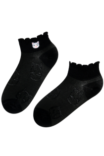 Хлопковые короткие носки чёрного цвета с узором в виде милых кошачьих мордочек RITA | Sokisahtel