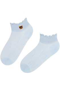 RITA light blue low-cut cotton socks with a cat | Sokisahtel