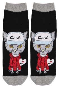 Хлопковые носки чёрного цвета с узором в виде неформального кота ROBIN | Sokisahtel