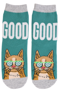 Хлопковые носки зелёного цвета с узором в виде модного кота ROBIN | Sokisahtel