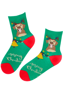 Хлопковые носки зелёного цвета с зимним узором и милыми собачками RONNI | Sokisahtel